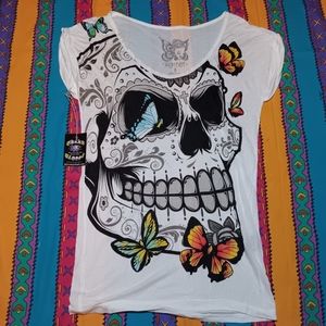 New 2012 Iron Fist Day Of The Dead Skull & Butterflies Shirt Vintage Tee